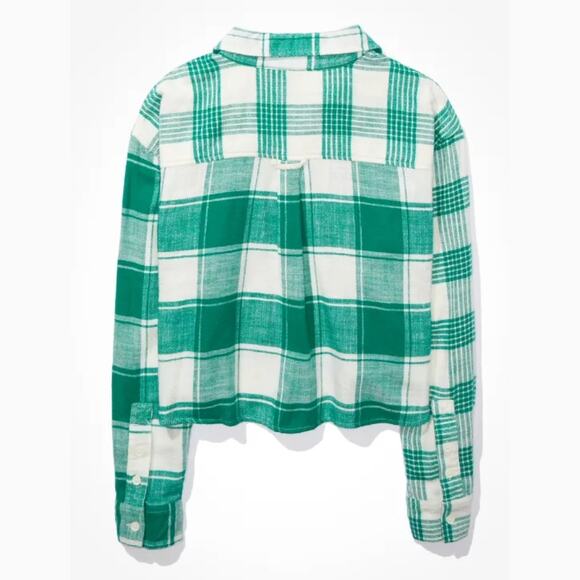 A494 • Cozy Cropped Green Plaid Flannel Shirt - Picture 5 of 6
